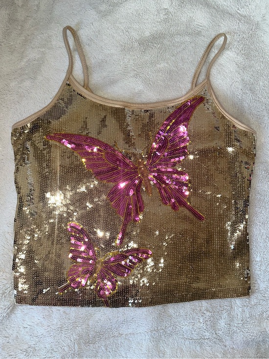 ROMWE Tops - ROMWE Gold Sequin Butterfly Cami with Pink Accents